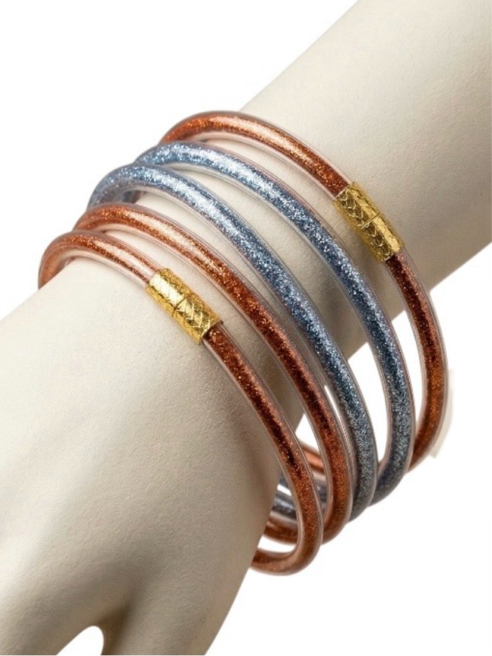 Refuse To Lose Burnt Orange and Blue Glitter Jelly Tube Bracelet Set  (NWT)